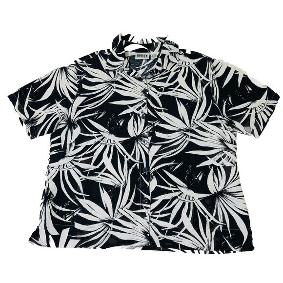 Chico's Design Womens Blouse Size 2 Black And White Leaf Design - Picture 1 of 10